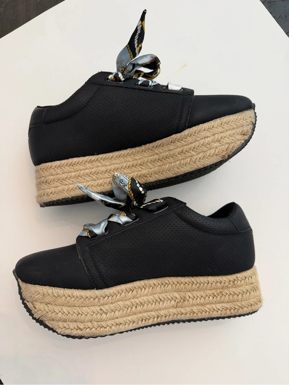 Menina Black Platform Espadrille Sneakers with Patterned Scarf Laces
